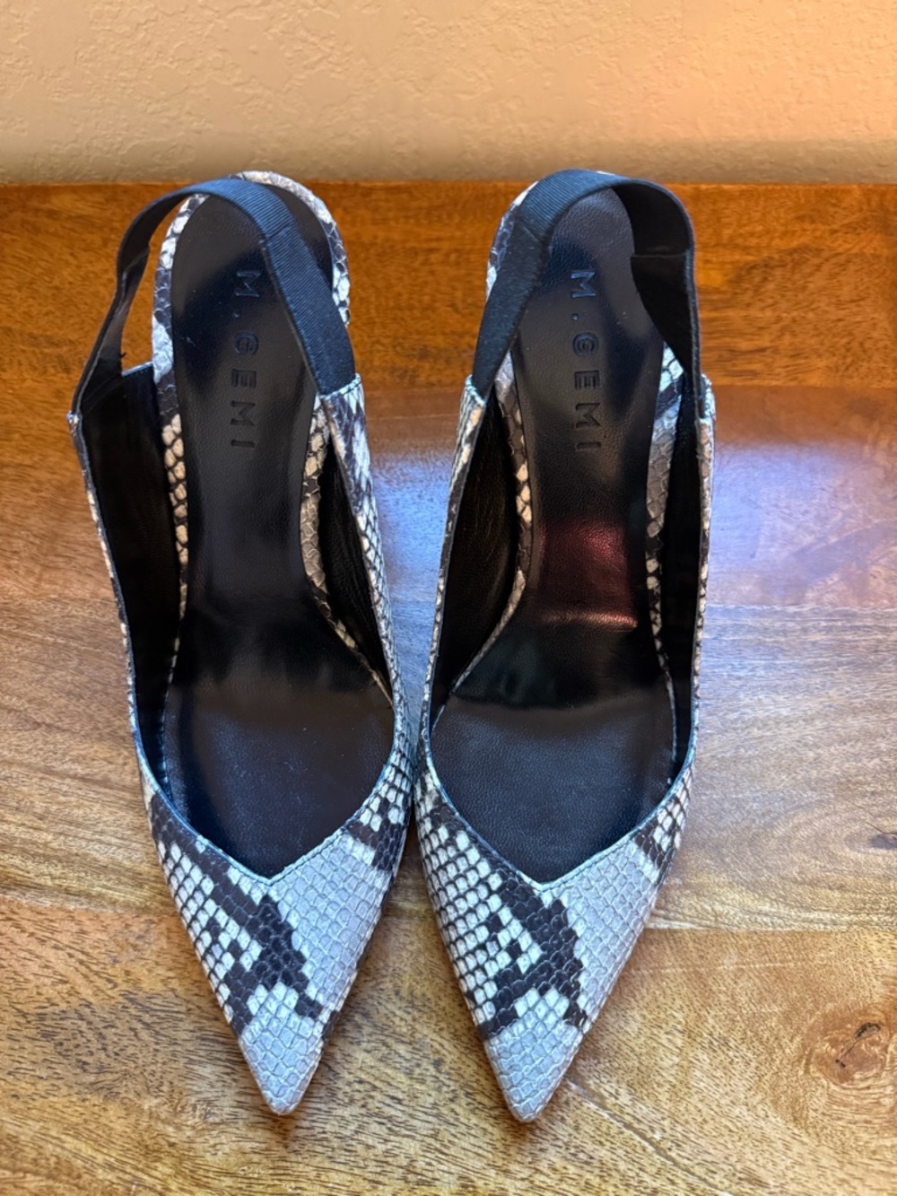 M. Gemi Snake-Print Pointed Slingback Pumps in Black and White